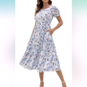 NWT NAVINS Floral Print Puff Sleeve Tiered A-Line Swing Midi Dress w/Pockets, L